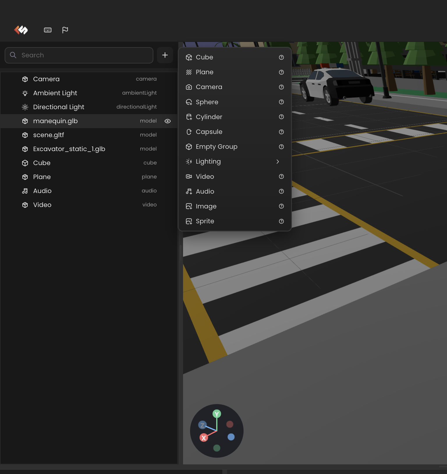 Hierarchy panel with the add menu open and a parent selected.