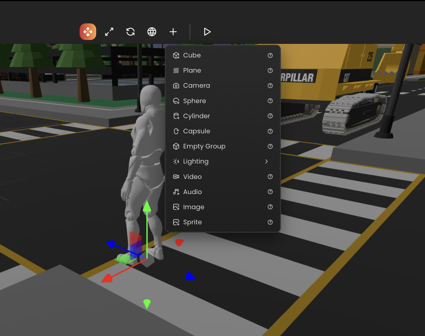 Toolbar add-object menu open over the viewport.