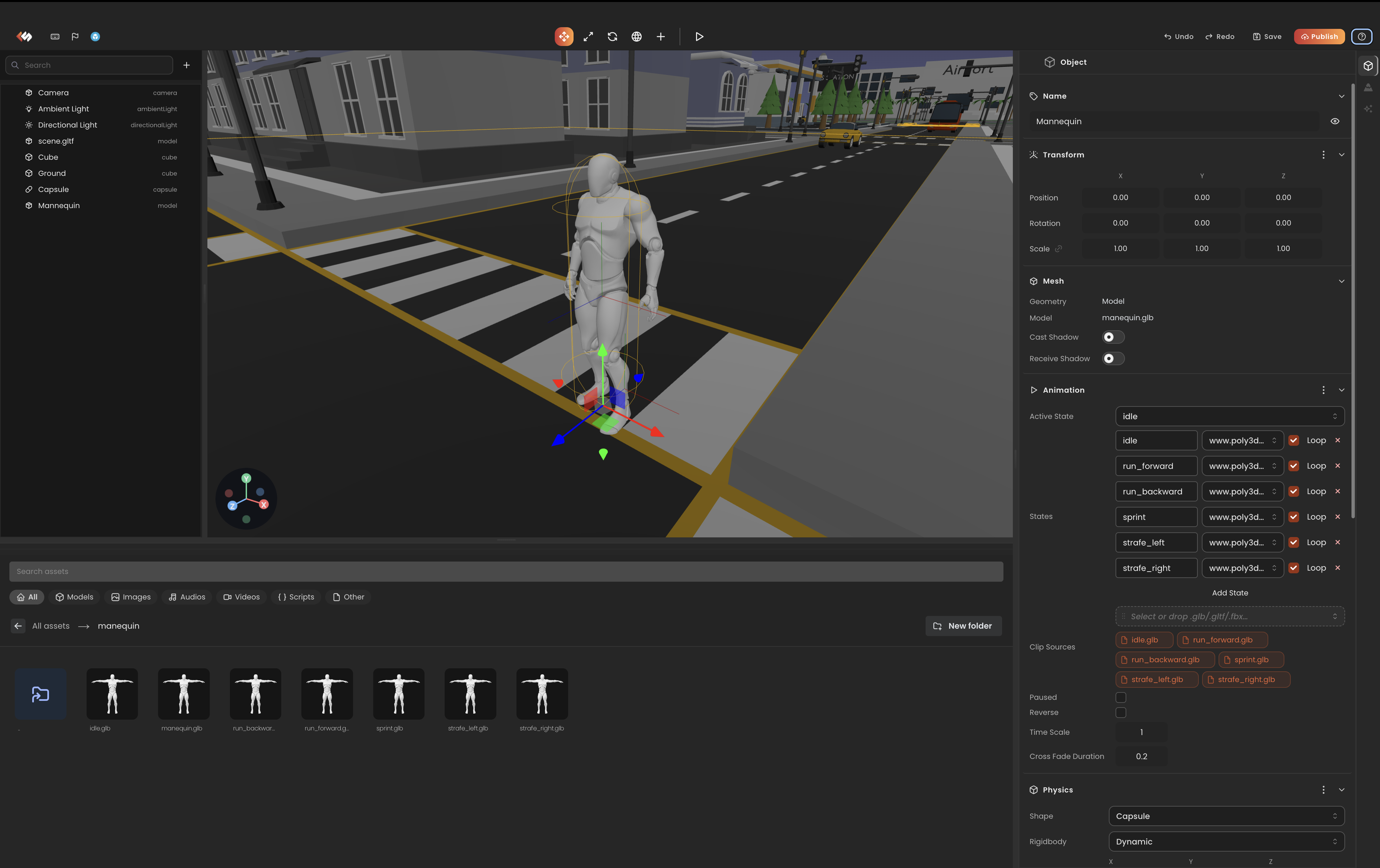 Full editor window — hierarchy, viewport, inspector, asset browser, and toolbar