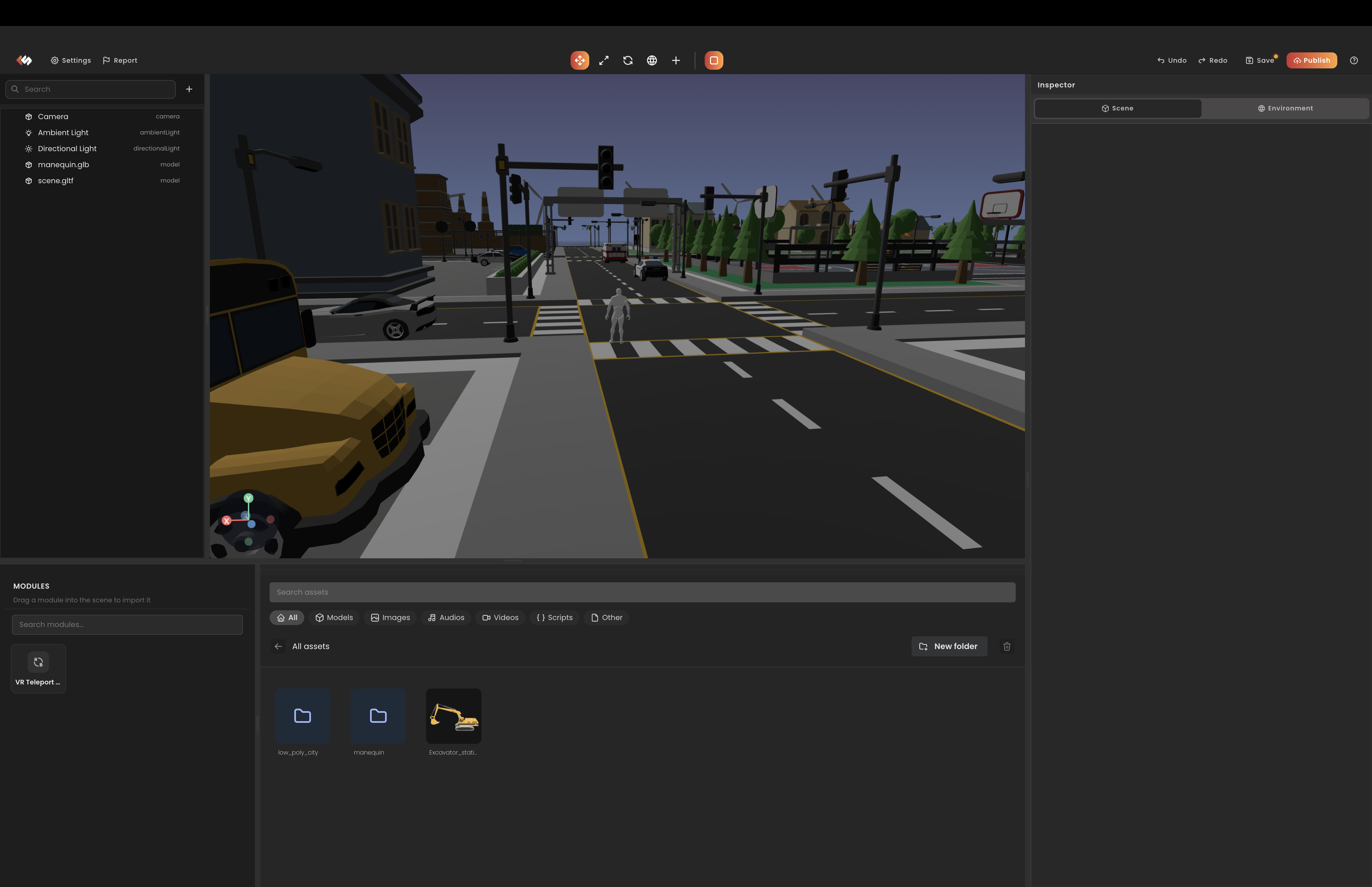 Full editor window — hierarchy, viewport, inspector, asset browser, and toolbar