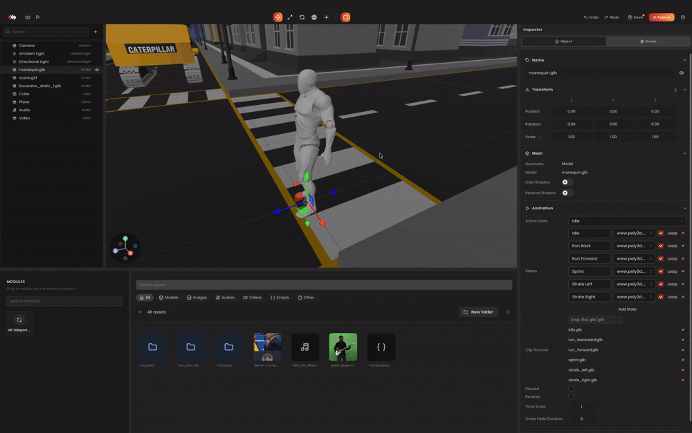 3D project preview showing an interactive scene rendered in the viewport.