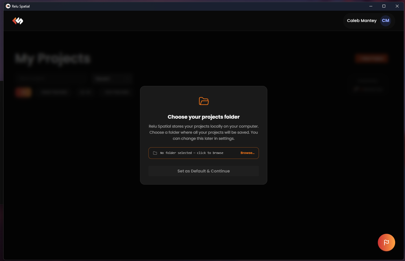 Dashboard prompt asking the user to select a projects folder.
