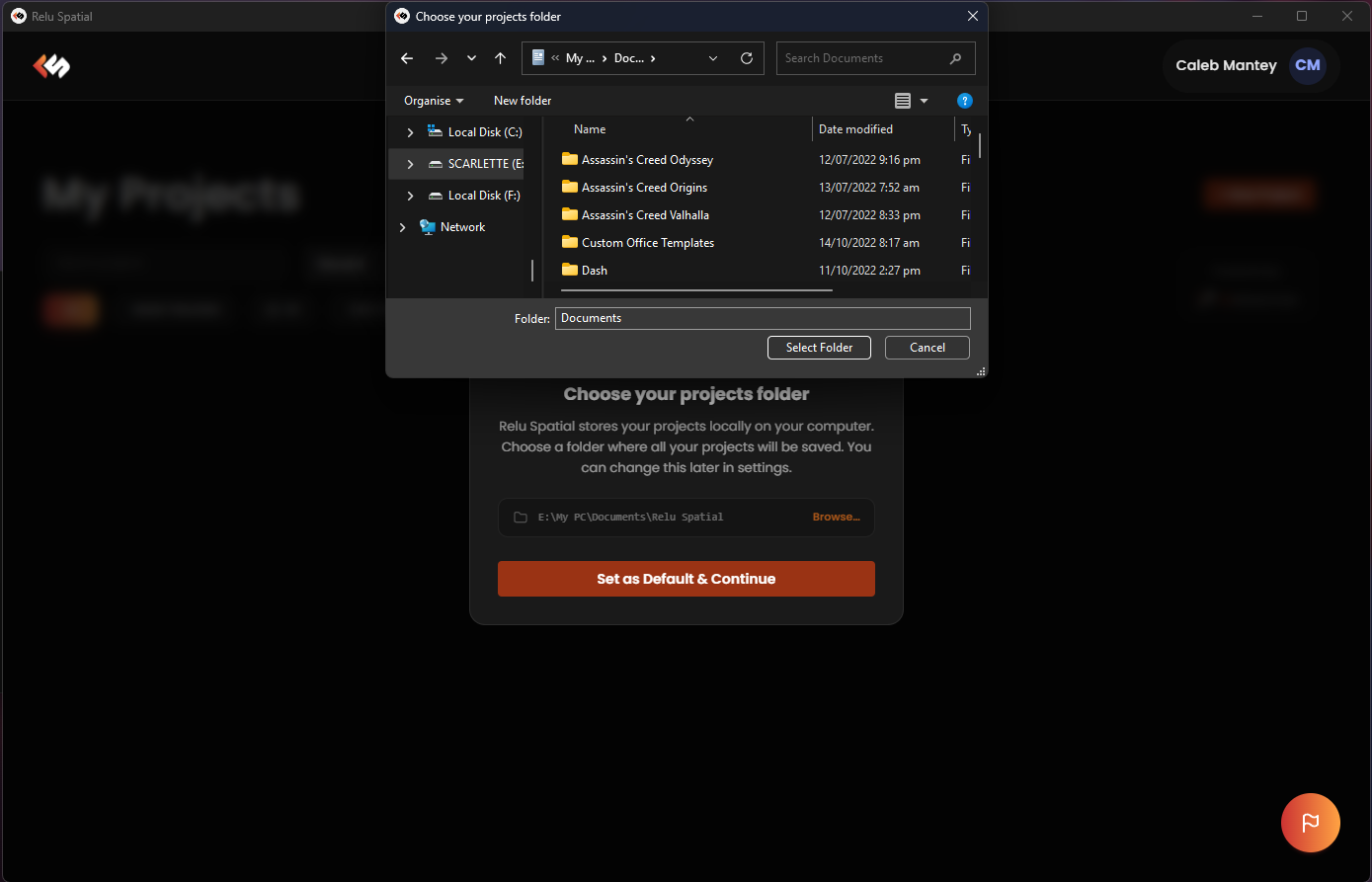 Dashboard prompt asking the user to select a projects folder.