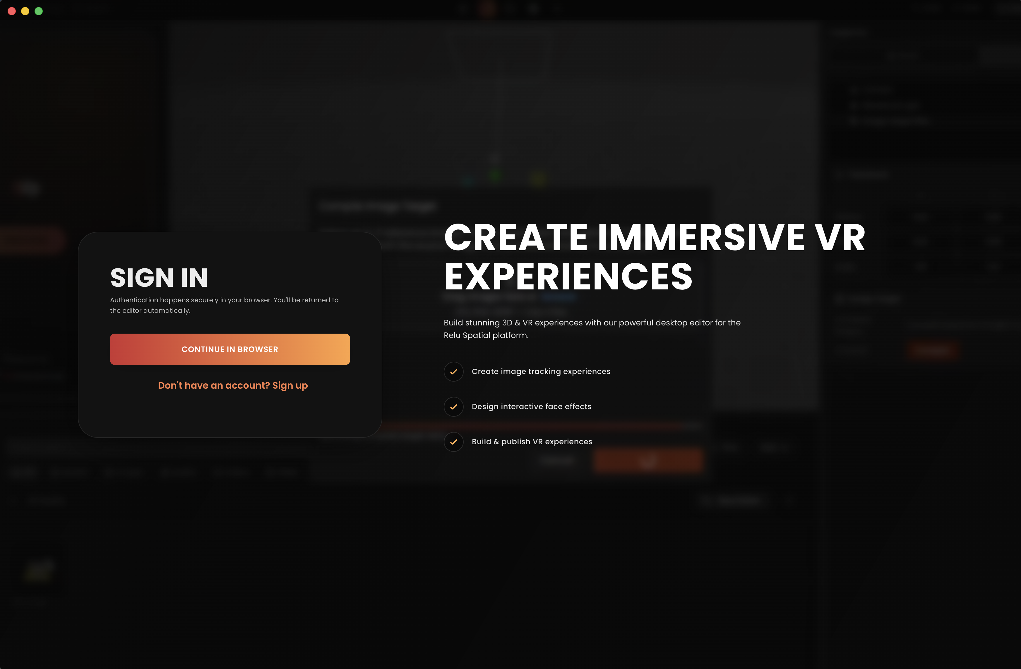 Editor welcome screen — Sign in / Sign up